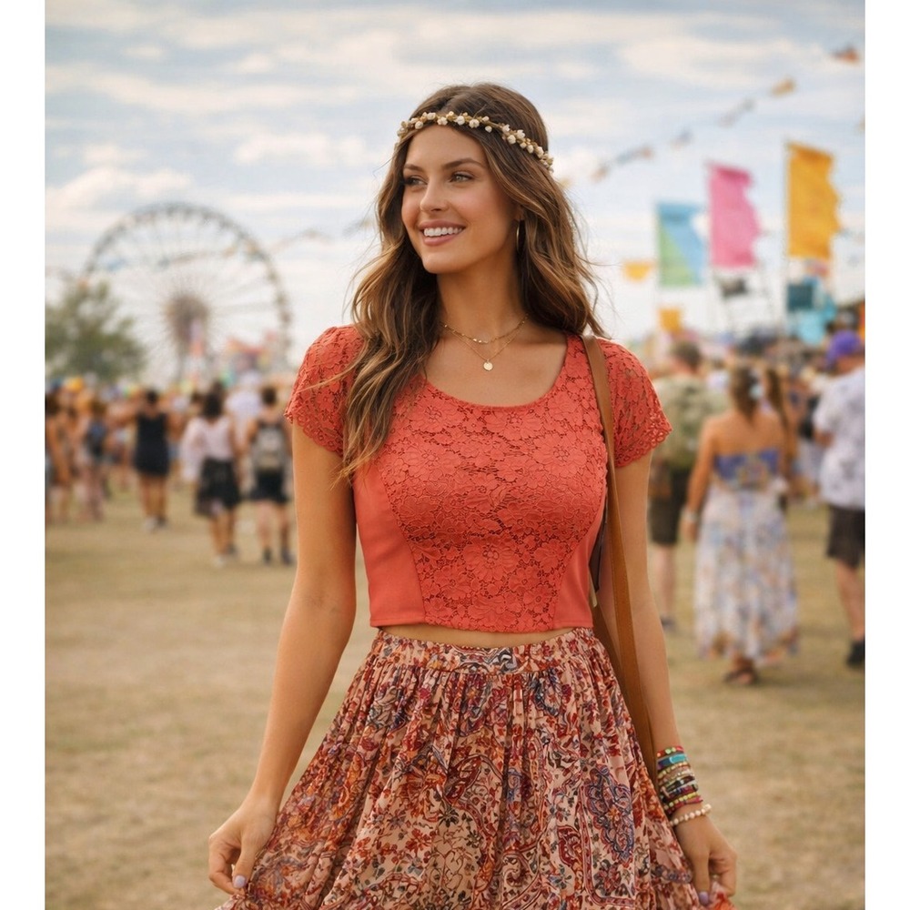 Bebe Women's Red Lace Crop Top Boho Y2K Festival Short Sleeve Size Medium